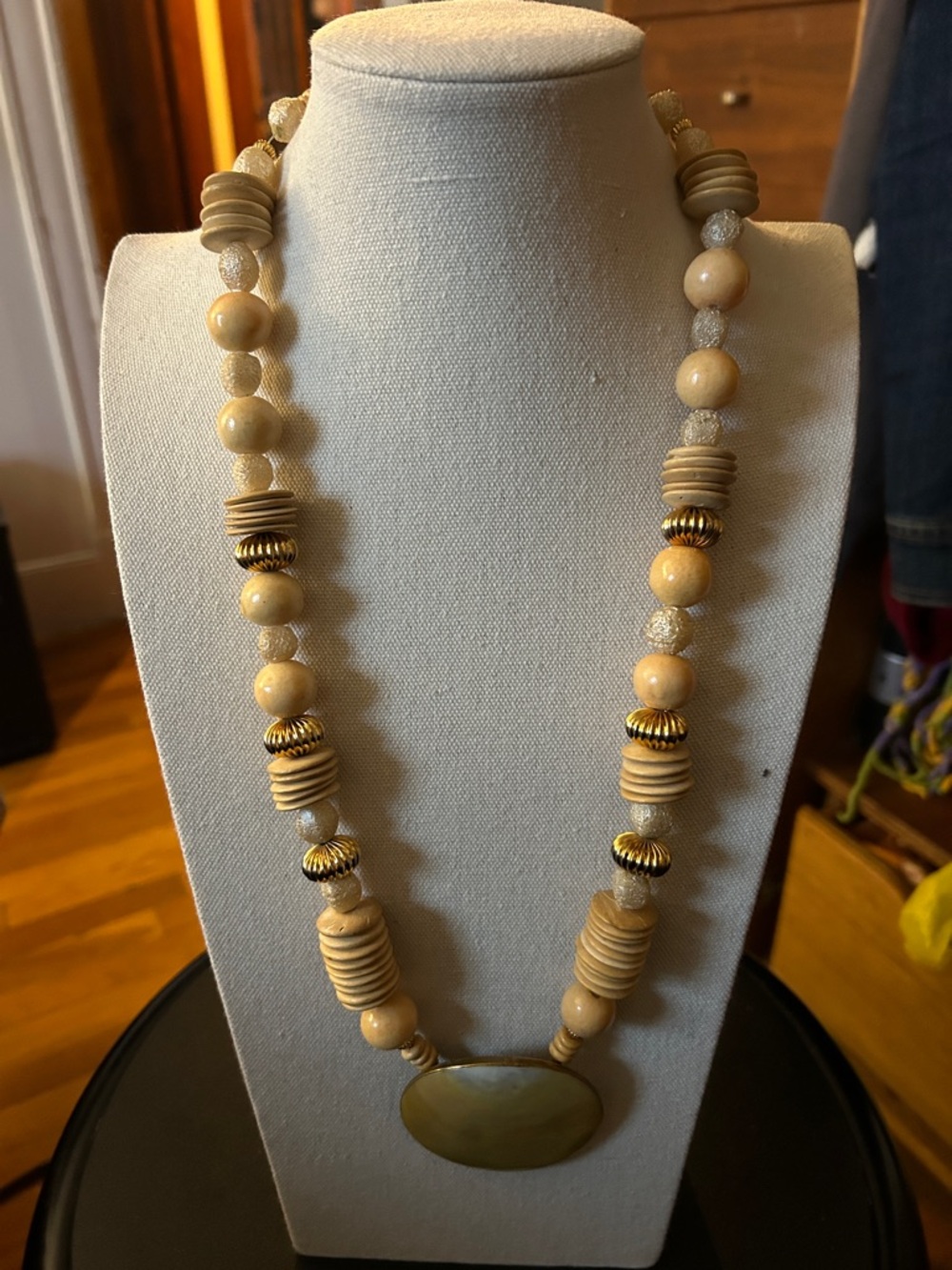 Wood Wood Beige and Gold Beaded Necklace with Olive Pendant
